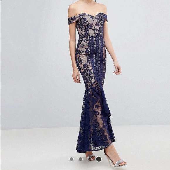 asos navy blue lace dress ASOS Navy Blue Lace Bodice Formal Maxi Dress Back Slit Wedding Women's 4